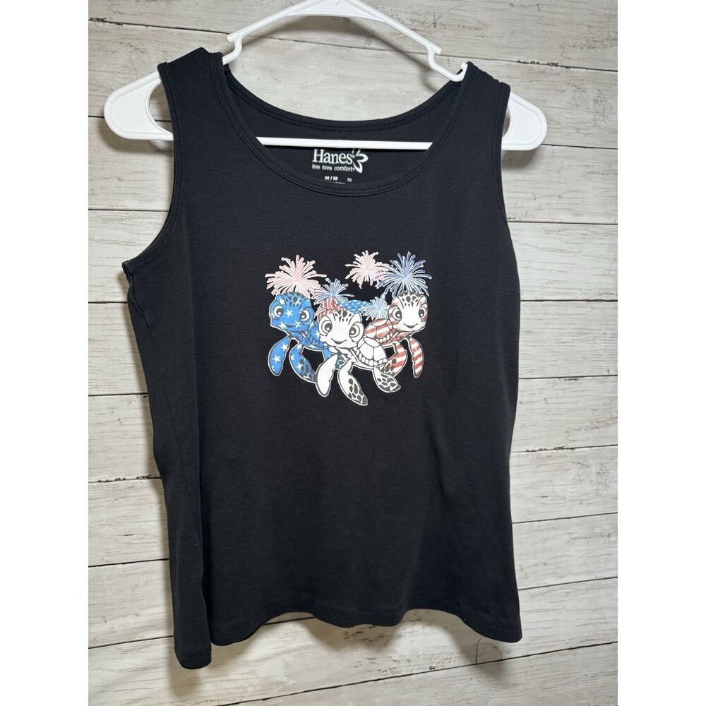 Hanes Womens Independence day turtles american flag Summer Tank Top Size M Black